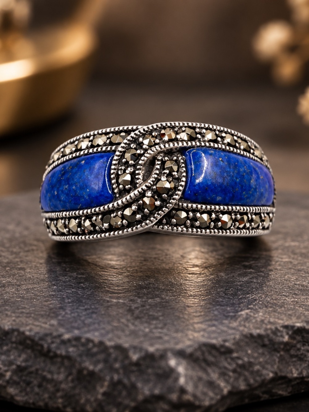 Size 8 Sterling Silver Blue Lapis Knot Ring with Marcasite Accents